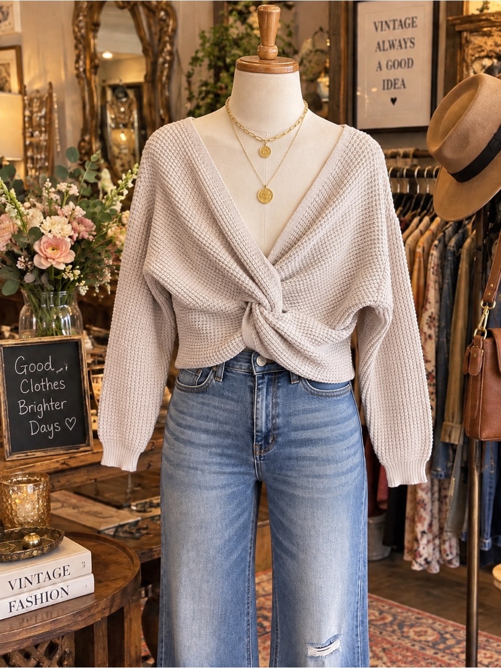 moon & madison Cream Twist-Front V-Neck Knit Sweater